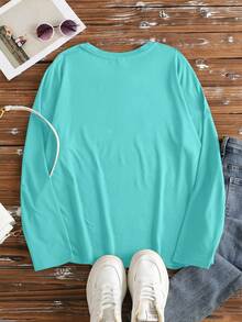 EMERY ROSE A Large-Sized Green Round-Neck Long-Sleeved T-Shirt, Comfortable To Wear And Versatile In Use Fall - Blue - View 2