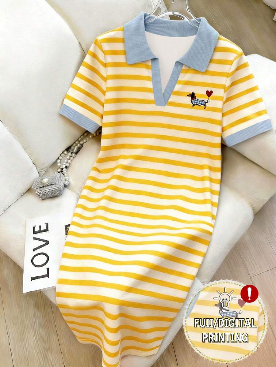 Resyla Vestido casual de vacaciones con estampado de rayas y cachorro para mujer - Multicolor - Ver 1