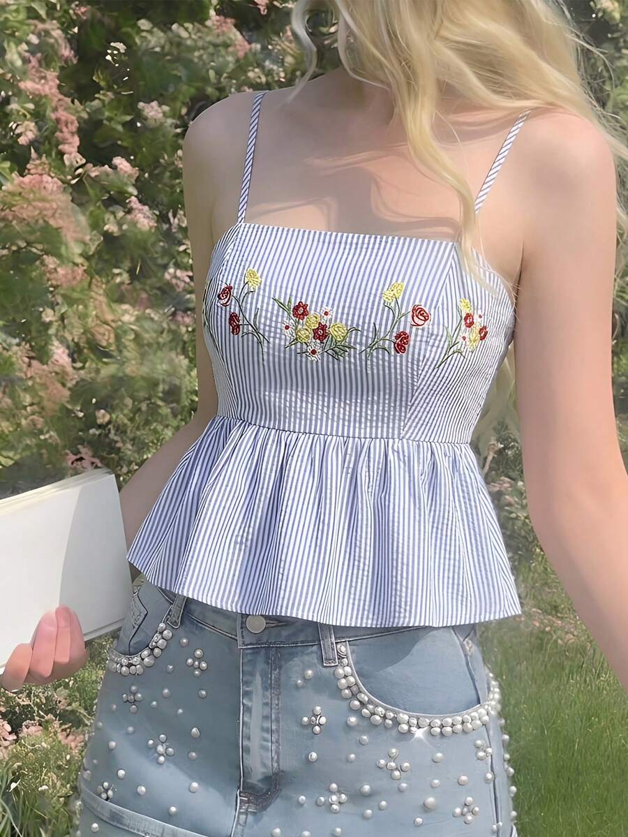 SHEIN MOD Áo hai dây babydoll kẻ sọc thêu hoa phong cách thường ngày dành cho nữ mùa hè, đi nghỉ mát. - Xanh và trắng - Xem 1
