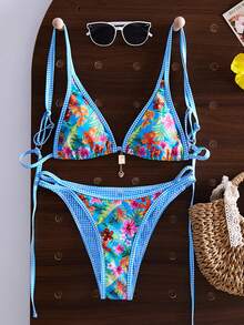Swim Vcay 女士夏季新款热带植物花卉印花双面挂脖露背比基尼套装，适合海滩、游泳、度假 - 彩色 - 查看 3