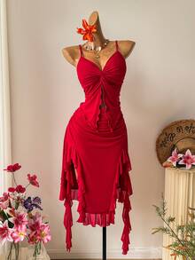 Soleia Plus Size Women Red Solid Twist Asymmetric Hem Camisole Mini Skirt 2 Pieces Set Summer Holiday Vacation Music Festival Beach Sexy Glamorous - Burgundy - View 6