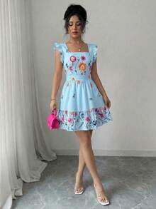 Elenzga Rochie de vacanță casuală pentru femei, albă, cu imprimeu digital floral multicolor, decolteu pătrat, tiv cu volane, fără mâneci, potrivită pentru carnaval, Ziua Muncii, Paște, întoarcerea la școală, Ziua Profesorului, student, campus, călătorii, stradă, grădină, vară, modă esențială nouă - Bleu - Vizualizare 5