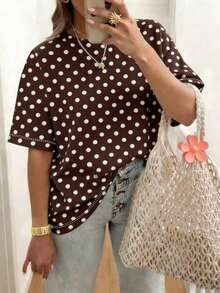 EMERY ROSE Polka Dot Crew Neck Casual Short-Sleeved T-Shirt, Plus Size Women's T-Shirt, Summer Style - Multicolor - View 1