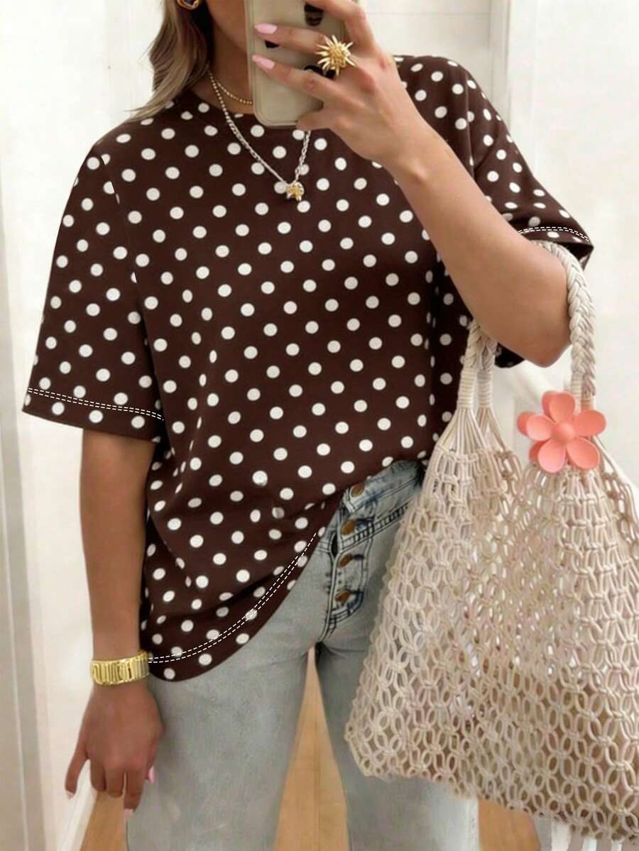 EMERY ROSE Polka Dot Crew Neck Casual Short-Sleeved T-Shirt, Plus Size Women's T-Shirt, Summer Style - Multicolor - View 1