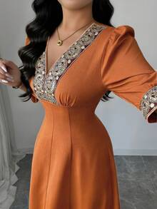 Elenzga New Fashionable Women's Apricot V-Neck Puff Sleeve Embroidered Pearl Decor Fitted Midi Dress, Suitable For Daily Wear, Wedding, Formal Dinner, Commute, Graduation Party, Holidays, Vacation, Date, Party, Halloween, Christmas, New Year, Thanksgiving, Wedding - Brown - View 3