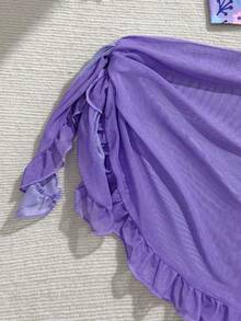 SHEIN 少女热带植物印花比基尼套装 - 紫色、粉色、白色、蓝色细肩带荷叶袖上衣，花卉印花三角泳裤，配套纱笼，带胸垫，款式保守舒适，时尚泳装，适合夏季度假、泳池、冲浪等场合。 - 紫色 - 查看 5