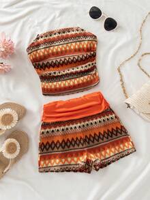 Bộ áo ống kẻ sọc và quần short thoải mái cho bé gái tuổi teen đi nghỉ mát. - trái cam - Xem 3