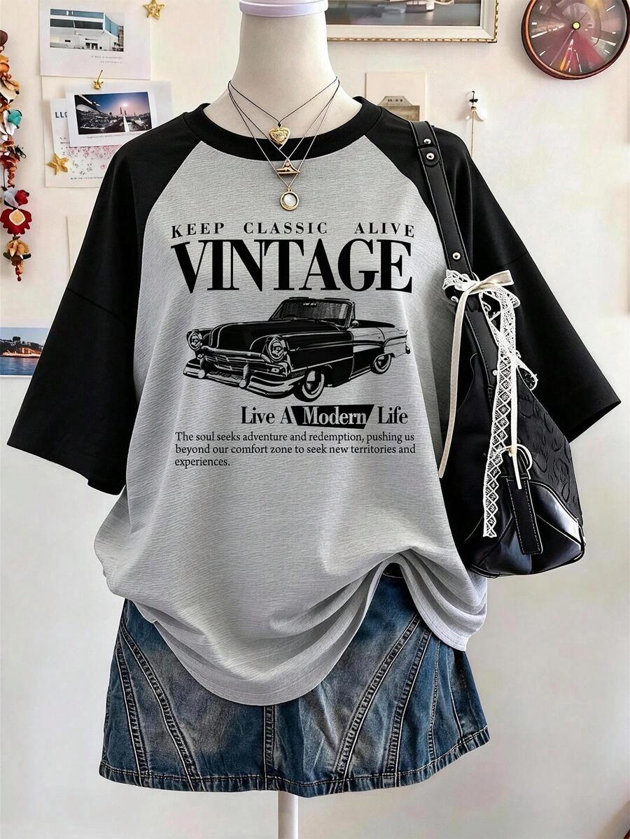 Lalippa Retro Pattern Digital Print Fashionable Minimalist Oversized Mid-Length Round Neck Drop Shoulder Women T-Shirt, Gift For Friends - Multicolor - View 1