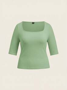 SHEIN BASICS 大码女式纯色休闲百搭日常短袖T恤 - 綠色 - 查看 6