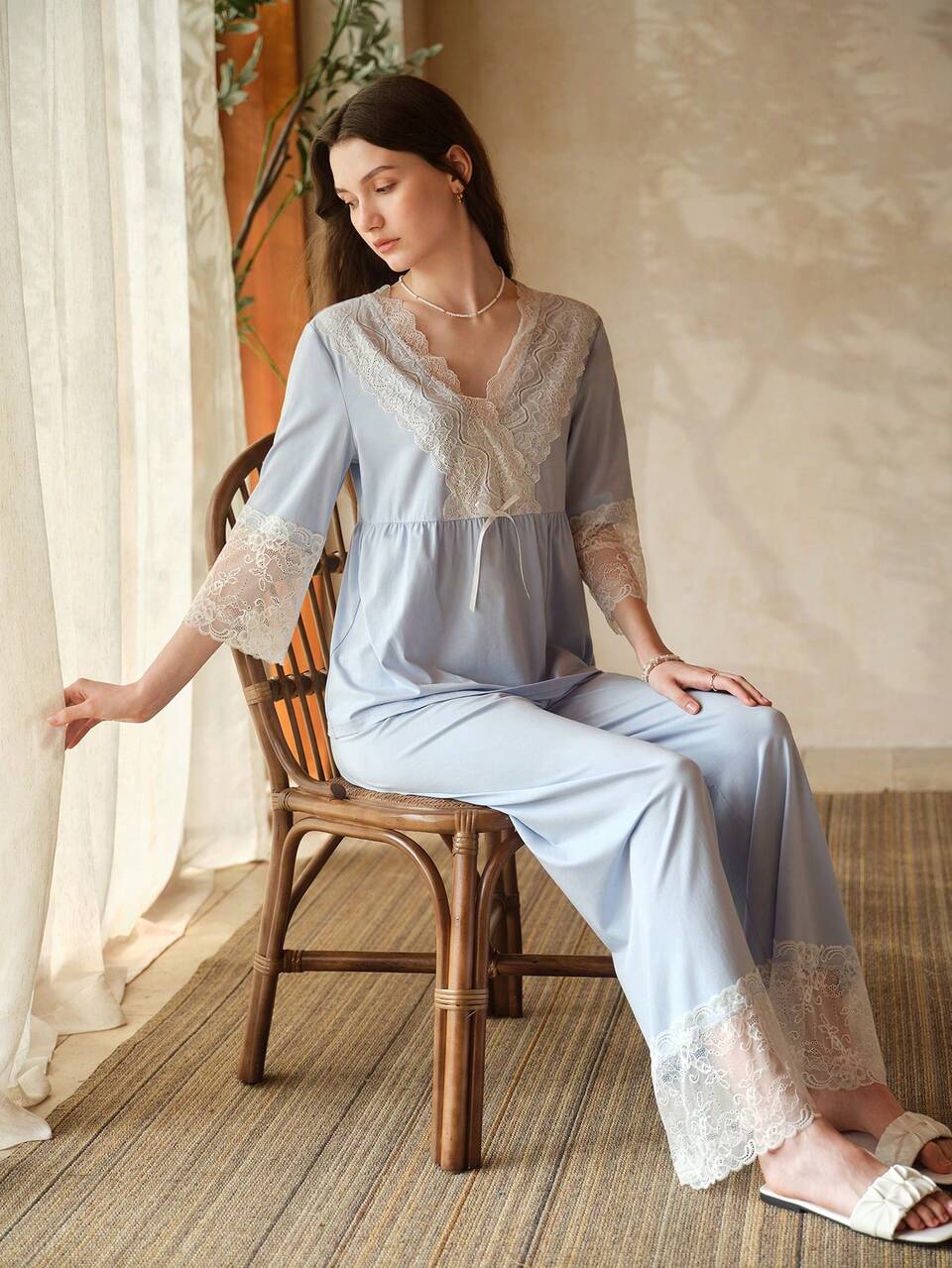 MOTF 2PCS/SET COTTON JACQUARD LONG SLEEVE PALACE STYLE MODAL BESTSELLING WOMEN CONTRAST LACE TOP & LONG PANTS SET