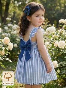 Cozy Pixies Vestido de niña con bloqueo de color, decoración de lazo, cuello redondo, manga corta y cintura ceñida - Multicolor - Ver 2