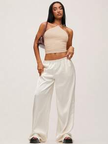 SHEIN BASICS 女士纯色褶皱露背休闲百搭日常上衣 - 卡其色 - 查看 4