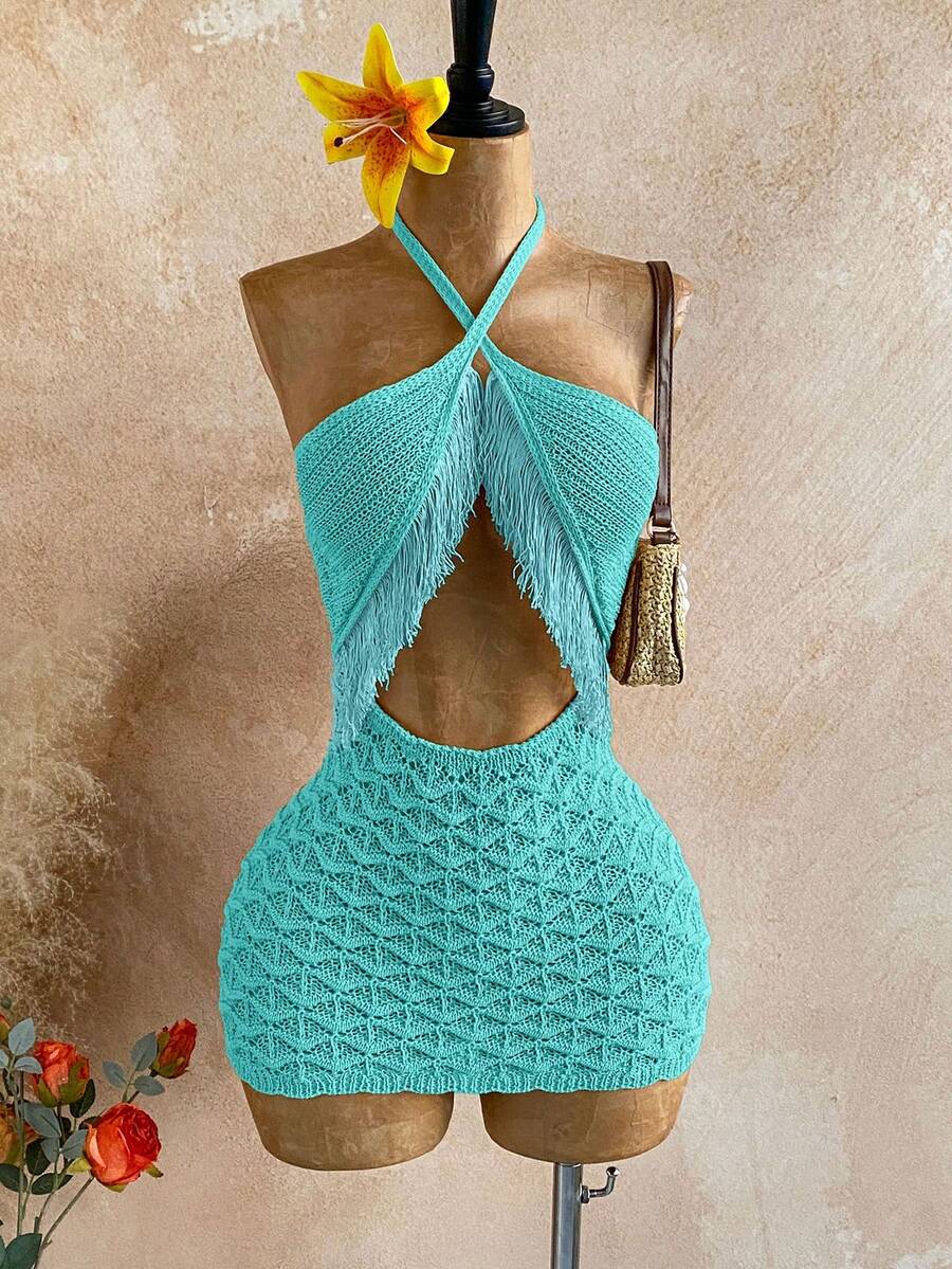Soleia Vestido de suéter de punto ajustado con cuello halter, espalda descubierta y hueco para mujer de unicolor - Azul - Ver 1