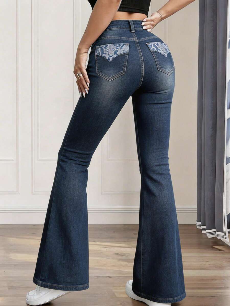 Jeans Acampanado Mujer Pantalón de Mezclilla Stretch Bordado de Leopardo Tiro Alto Skinny - Azul - Ver 1
