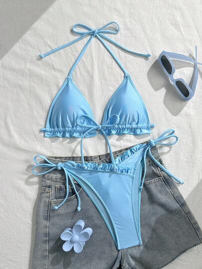 Swim Mod 2pcs/Set New Arrival Random Metallic Blue Triangle Halter Thin Strap Sexy Elegant Bikini Swimsuit Set, Suitable For Beach, Pool, Party