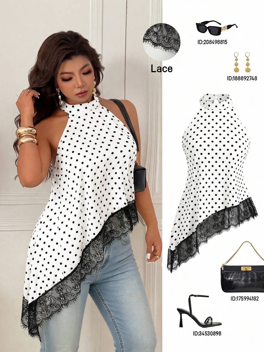 Femmeverse Plus Size Women's Fashionable Polka Dot Halter Neck Asymmetrical Ruffle Hem Sleeveless Top - White - View 1
