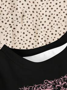 3pcs Tween Girls Y2K Punk Goth Style Wing & Cross Print Black Fitted Short Sleeve T-Shirts, Suitable For Summer, Sports, Fitness, Cheerleading, Party And Other Occasions - Multicolor - View 3