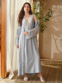 MOTF PREMIUM 2 PIEZAS ELEGANTE CONJUNTO DE VESTIDO Y BATA CON ENCAJE CONTRASTANTE Y CUELLO EN V ROMÁNTICO, CONJUNTO DE LUJO CASUAL PARA ESTAR EN CASA - Celeste - Ver 6
