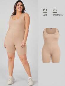 SHEIN BASICS Bộ áo liền quần không tay màu trơn tối giản dành cho nữ cỡ lớn, trang phục thường ngày thoải mái. - Màu be - Xem 6