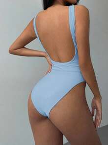 SHEIN BASICS Casual Solid Color Knit Backless Bodysuit Summer Outfit For Women - Baby Blue - View 4