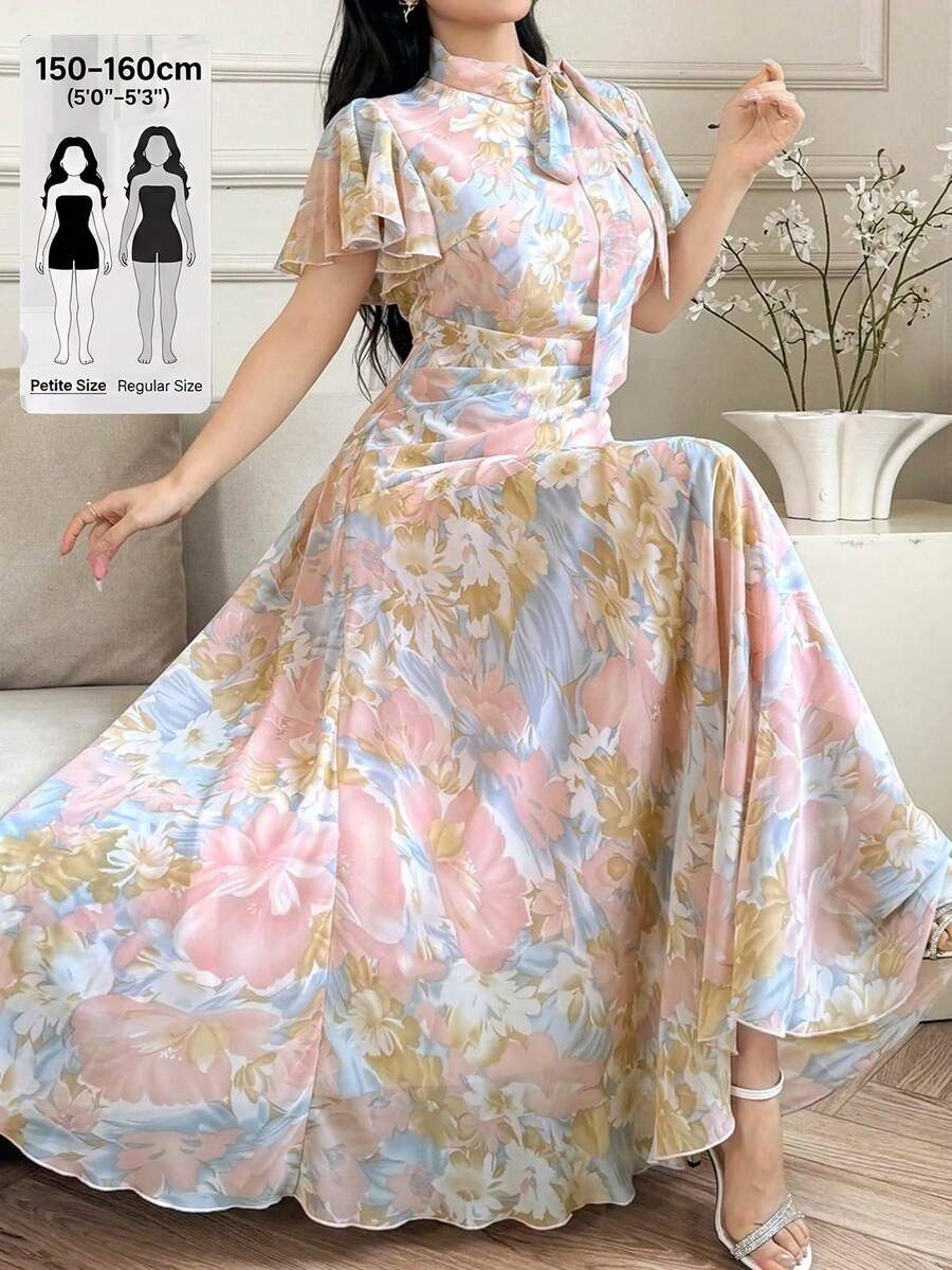 Modelyn Petite 女款荷葉領繫腰喇叭下擺泡泡袖洋裝,適合嬌小女性 - 粉色 - 查看 1