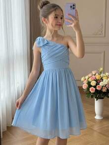 Pitira Tween Girls Elegant Luxury Cute Square Neck Chiffon Party Dress, Suitable For Attending Balls, Weddings, Parties And Events Girl Dress For Party Elegant Dresses For Girls Farewell Dresses For Kids Grade 7 Tween Formal Dress - Blue - View 3