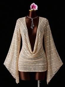 Zestiva 1 pieza Cubrecuerpo de mujer de encaje y jacquard, silueta ajustada con cuello profundo drapeado, manga larga con ajuste holgado, estilo sexy para playa/vacaciones - Albaricoque - Ver 3