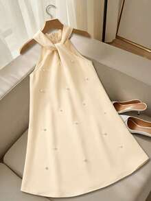SHEIN Young Girls Halter A-Line Dress With Beaded Big Bow, Cute Princess Dress For Party, Banquet, Photo Shoot, Outing, Fashionable & Versatile - Beige - View 3