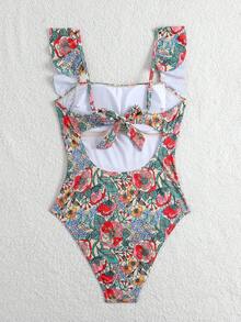 Swim Lushoire 女士夏季沙滩度假成熟随机印花荷叶边抹胸前扭结连体泳衣 - 彩色 - 查看 8