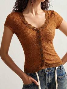 Bohemela 纯色针织蕾丝短袖V领修身女式上衣 - 橘色 - 查看 6