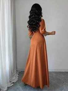 Elenzga New Fashionable Women's Apricot V-Neck Puff Sleeve Embroidered Pearl Decor Fitted Midi Dress, Suitable For Daily Wear, Wedding, Formal Dinner, Commute, Graduation Party, Holidays, Vacation, Date, Party, Halloween, Christmas, New Year, Thanksgiving, Wedding - Brown - View 2