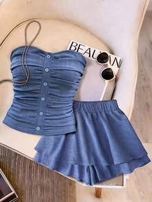 SHEIN LUNE 2pcs Set Atasan dan Rok Tanpa Tali Elegan untuk Wanita, Atasan Camisole Motif Kancing Mirip Denim Warna Biru Muda, Rok Pendek dengan Hiasan Ruffle di Bagian Bawah, Cocok untuk Liburan Musim Panas yang Chic - Biru - View 1