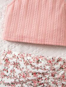 Emery Rose Kids Emery Rose Kids 女童两件套：纯色针织圆领修身休闲T恤和碎花迷你裙 - 彩色 - 查看 5