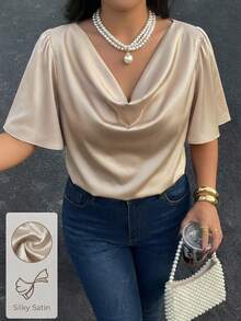 Modelyn Plus Size Solid Color Minimalist Daily Wear Draped Neck Short Sleeve Shirt - Champagne - View 3