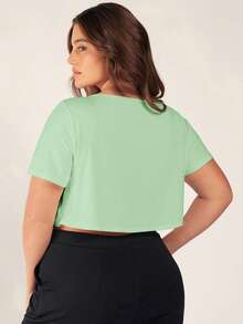 SHEIN BASICS 大码女式纯色休闲百搭日常T恤 - 綠色 - 查看 3