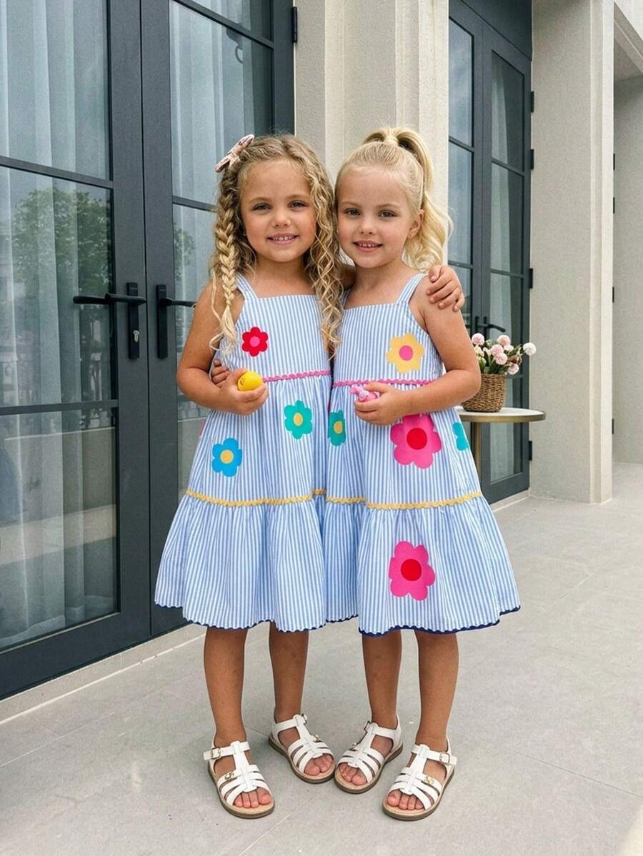 SHEIN Young Girl Woven Striped Casual Camisole Dress Young Girl Dress Kids Flower Dress Kids Summer Dresses Cute Dresses For Girls - Blue - View 1