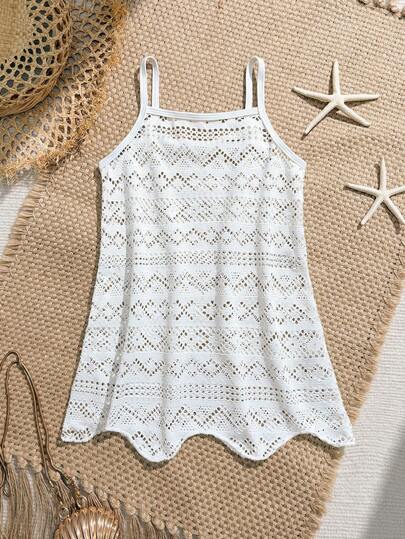 女童泳衣罩衫，可爱休闲白色镂空针织提花吊带连衣裙，荷叶边下摆，时尚优雅女士风格，适合游泳、夏季度假、海滩、泳池、节日派对