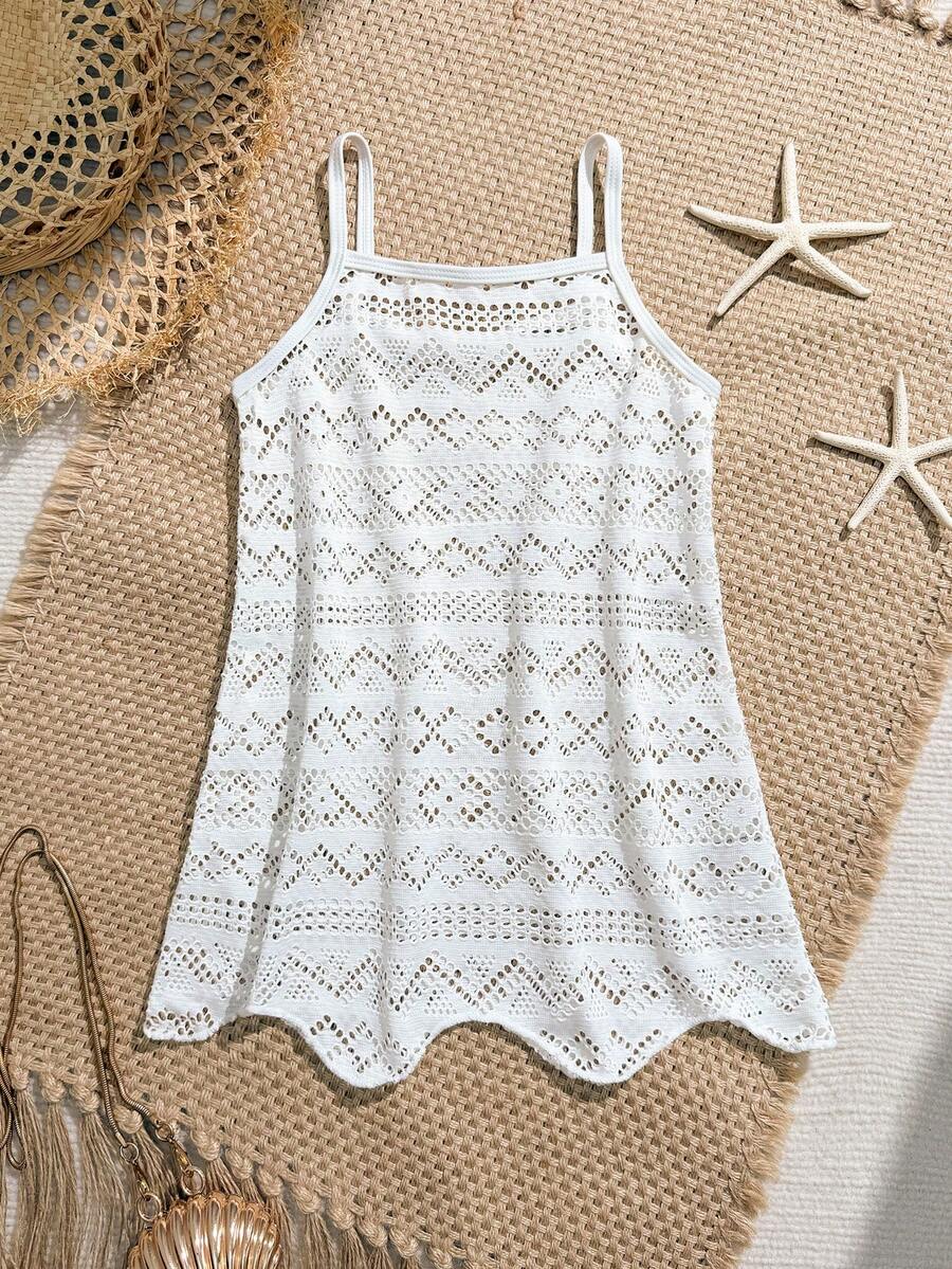 女童泳衣罩衫，可爱休闲白色镂空针织提花吊带连衣裙，荷叶边下摆，时尚优雅女士风格，适合游泳、夏季度假、海滩、泳池、节日派对 - 白色 - 查看 1