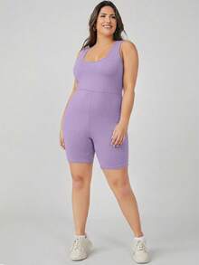 SHEIN BASICS 大尺碼女款素色休閒日常連身褲夏季女裝套裝 - 紫色 - 查看 3