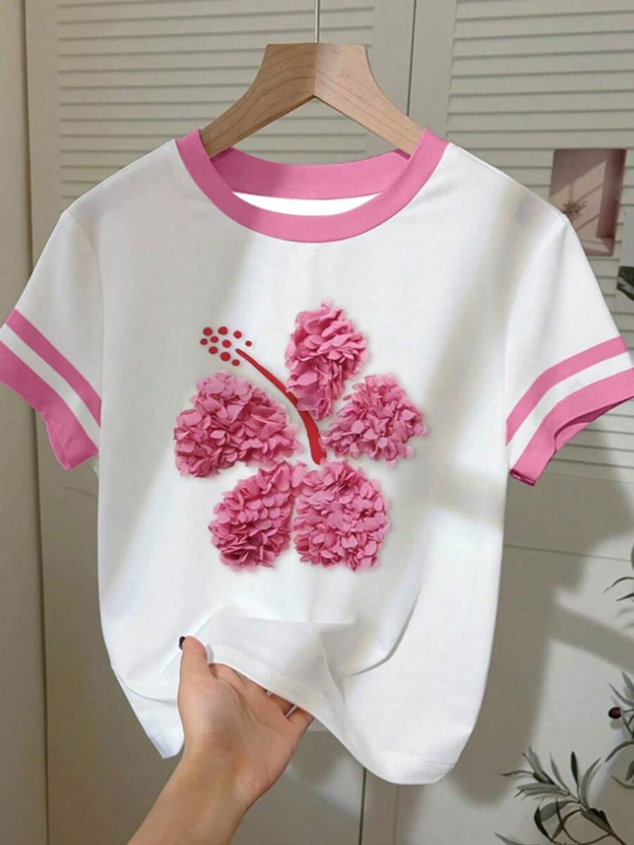 Girls' Colorblock Round Neck Short Sleeve T-Shirt, Floral Print Decor Casual Versatile Children Top, Summer - Multicolor - View 1