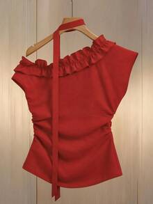 Franclia Blouse d'été à épaules dénudées avec volants et taille resserrée - Rouge - Voir 2