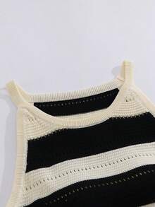 Franclia Áo vest dệt kim cổ yếm kẻ sọc đen trắng kiểu Pháp cho nữ, thiết kế khoét rỗng độc đáo, áo không tay phong cách Hàn Quốc cho kỳ nghỉ. - màu đen - Xem 6