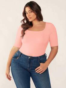 SHEIN BASICS 大码女式纯色休闲百搭日常短袖T恤 - 粉色 - 查看 6