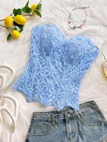 Soleia Áo corset ren hai lớp ôm sát, hở vai, kiểu dáng châu Âu và Mỹ, khoét rỗng và thêu họa tiết, phong cách Ins màu trắng, thích hợp cho phụ nữ đi hộp đêm, dự tiệc cưới, mùa thu. - Màu xanh nhạt - Xem 6