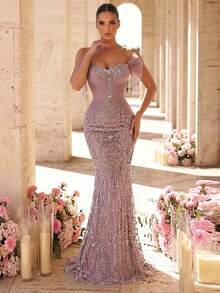 Glamrae Elegant Luxurious Pearl Diamond Off-Shoulder Ruffle Mesh Ruched Beaded Sequin Floral Embroidered Fishtail Dress For Weddings,Galas&Formal Occasions - Pink - View 3