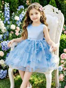 SHEIN Glamorique Kids 女童公主裙，花童礼服，生日派对婚礼节日正式礼服，缎面面料，无袖，蓝色，多层网纱裙摆，中东和欧洲风格蝴蝶结系带后背 - 霧霾藍 - 查看 1