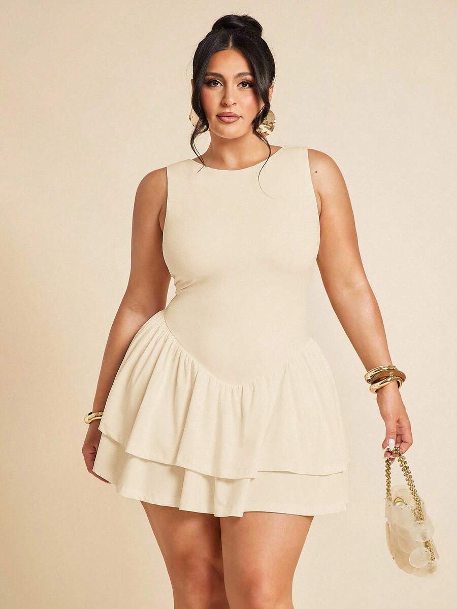 SHEIN BAE Plus Size Women's Elegant,Festa,Wedding Guest Beige,Summer Sleeveless Tight Pleated Slim Double Layer Ruffle Jumpsuit,Valentine's Day White Jumpsuit - Apricot - View 1