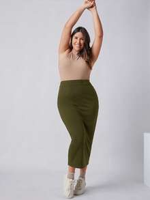SHEIN BASICS 大码女式纯色休闲百搭约会外出A字裙 - 軍綠色 - 查看 3