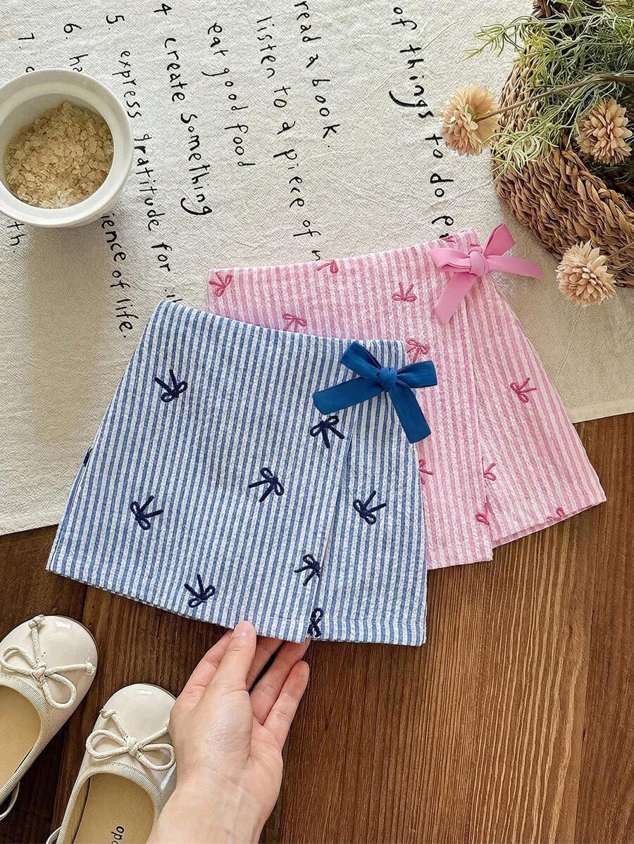 SHEIN LMoss Kids 女童条纹蝴蝶结装饰短裤 - 彩色 - 查看 1