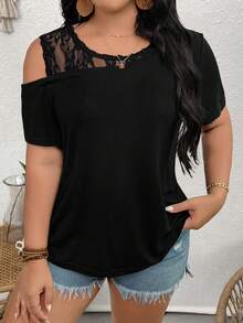 SHEIN LUNE CURVE Damen Große Größen Einfarbiges T-Shirt mit Kontrast-Spitze, Ausschnitt an den Schultern und Kurzarm, modisch - Schwarz - Übersicht 4